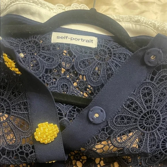 Self Portrait White Collar Navy Lace Midi Dress Size 8 - Picture 12 of 16